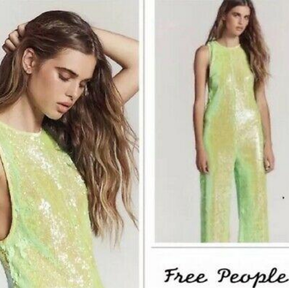 Free People "Starbright" Green Sequin Jumpsuit